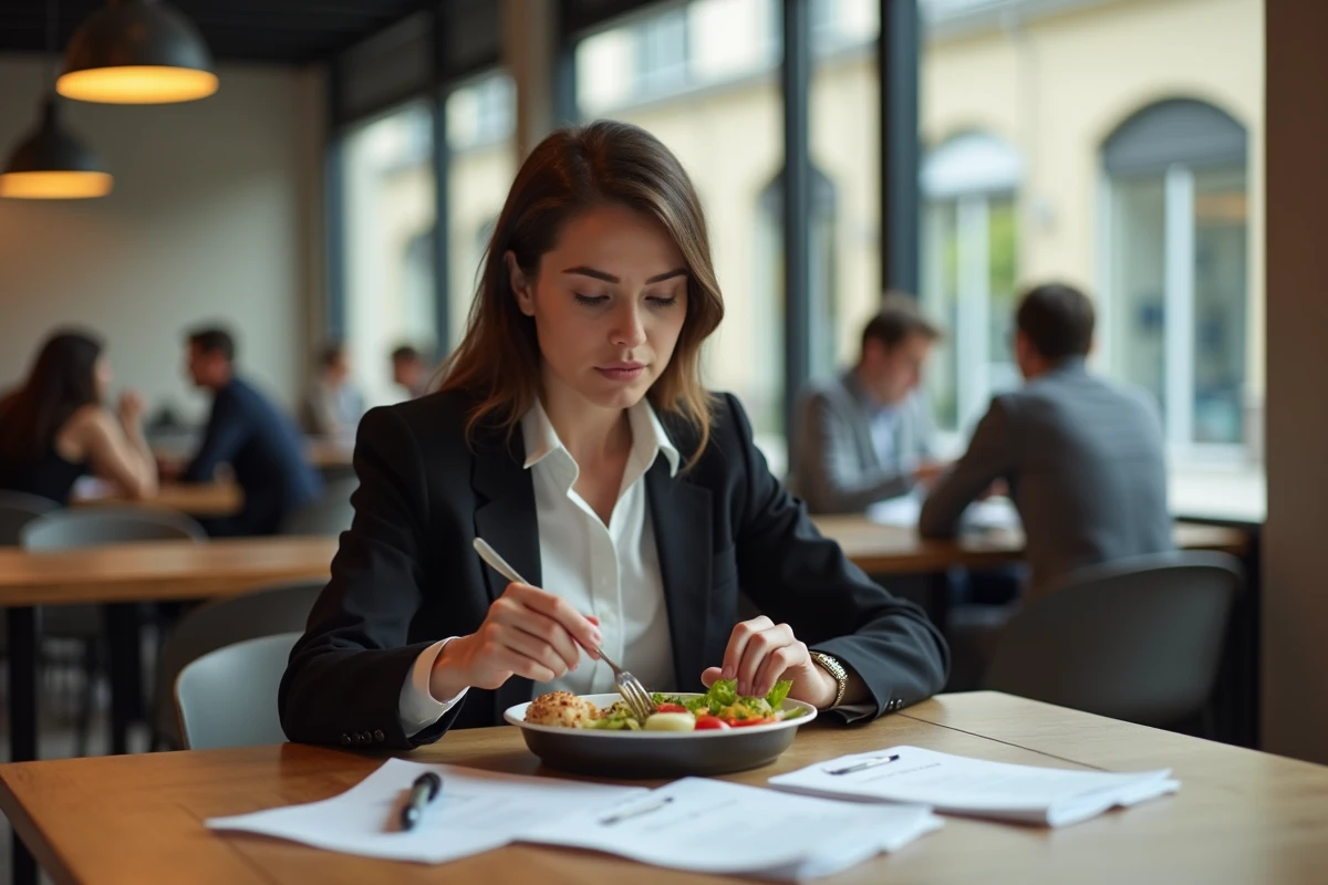 Employée en pause déjeuner dans une cantine d'entreprise, consultant des documents fiscaux liés aux frais de repas et tickets-restaurant 2026