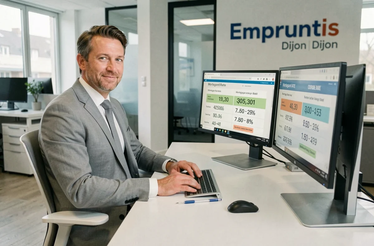 Conseiller Empruntis comparant des offres de crédit immobilier sur ordinateur dans l'agence de courtage à Dijon