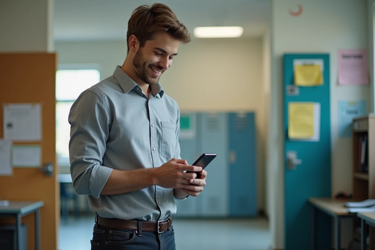 Enseignant souriant avec son smartphone dans la salle du personnel