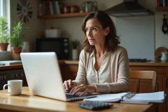 Professeure assise à la cuisine avec ordinateur et calculatrice