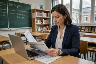 Enseignante consultant ses documents de salaire et son évolution de carrière dans une salle de classe française