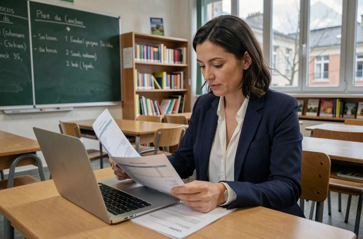 Enseignante consultant ses documents de salaire et son évolution de carrière dans une salle de classe française