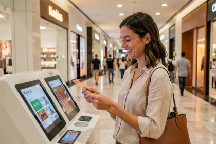 Femme utilisant une enseigne Kadéos Infini dans un centre commercial pour choisir ses loisirs et voyages