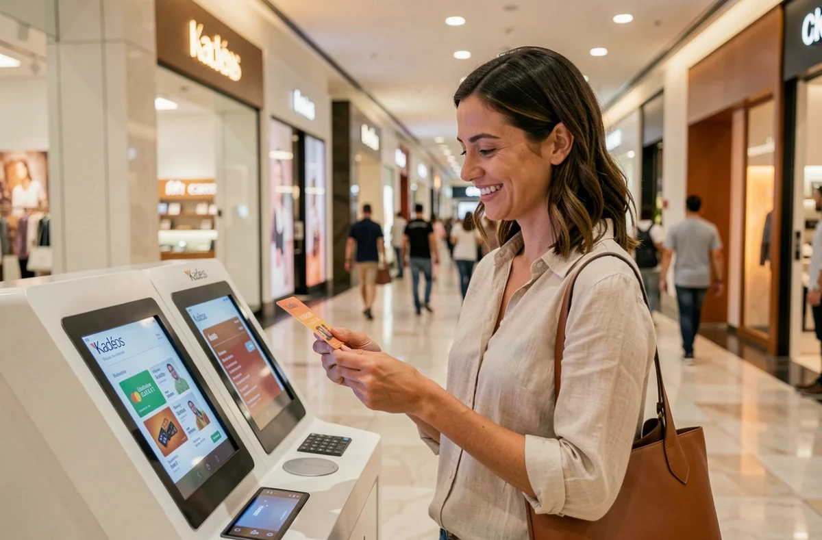 Femme utilisant une enseigne Kadéos Infini dans un centre commercial pour choisir ses loisirs et voyages