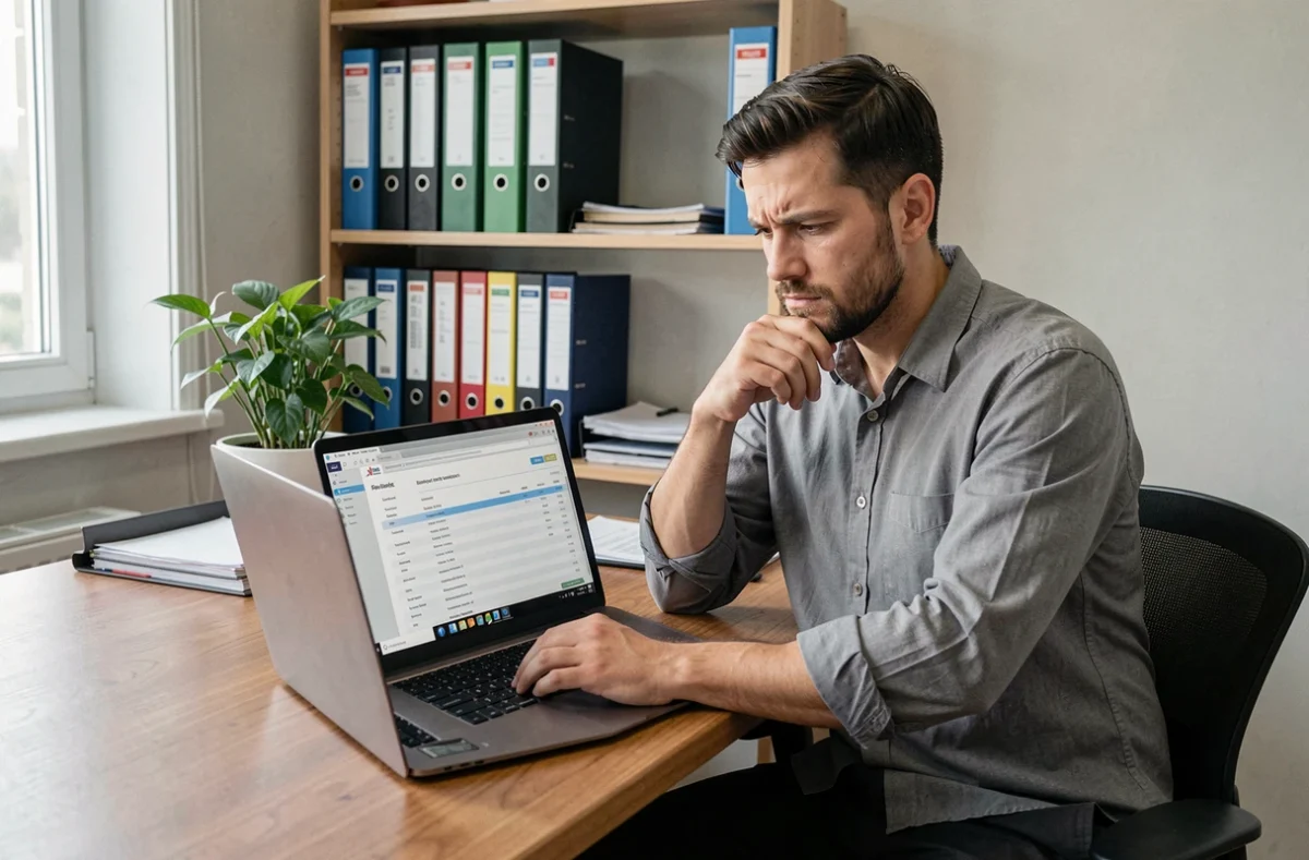 Chef d'entreprise analysant ses frais bancaires professionnels Caisse d'Epargne sur son ordinateur portable dans son bureau