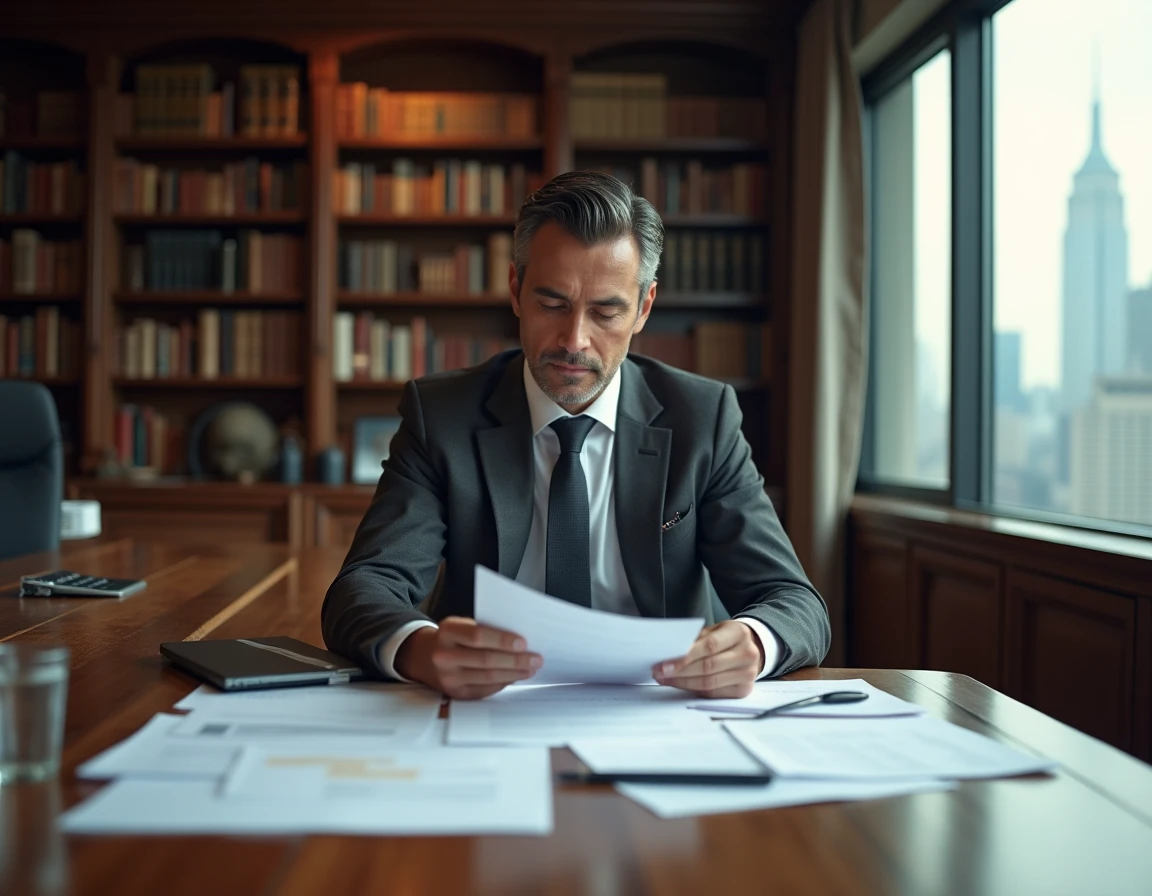 Homme politique et entrepreneur analysant des documents financiers dans un bureau haut de gamme avec vue sur la ville