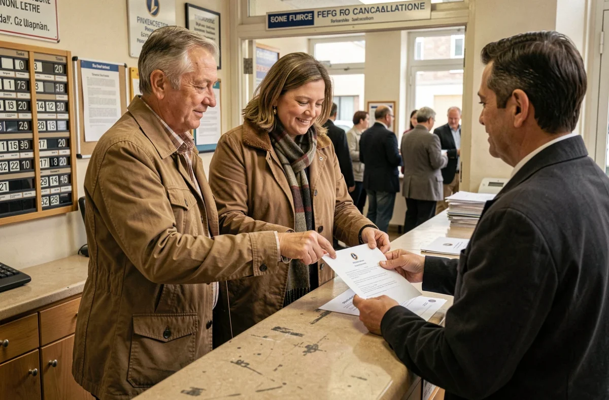 Couple envoyant une lettre de résiliation d'assurance en recommandé à la poste