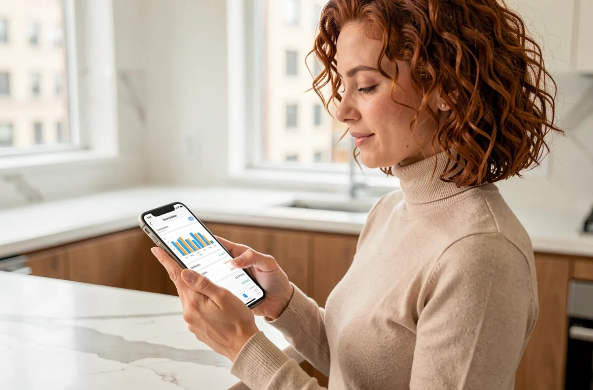 Jeune femme vérifiant ses versements d'épargne salariale sur smartphone dans une cuisine moderne