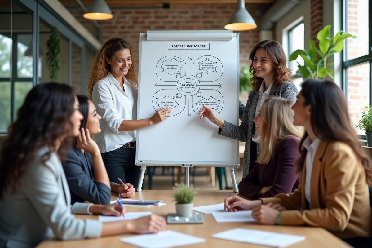 Groupe de professionnels analysant un tableau blanc