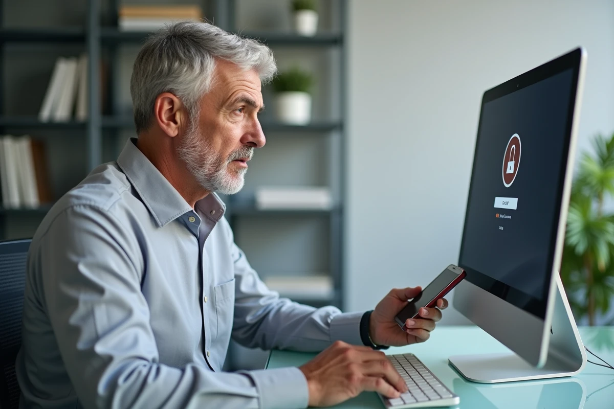 Homme en chemise grise consultant son téléphone face à un écran d'ordinateur avec une erreur de connexion bancaire