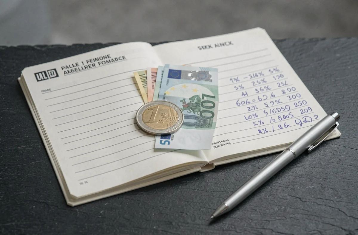 Pièces et billets en euros posés sur un livret d'épargne avec des calculs de rendement, symbolisant l'impact de l'inflation sur le livret A en février 2026