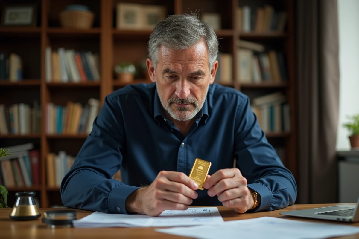 Homme d'âge mûr examinant attentivement un lingot d'or de 250g à son bureau avec des documents financiers