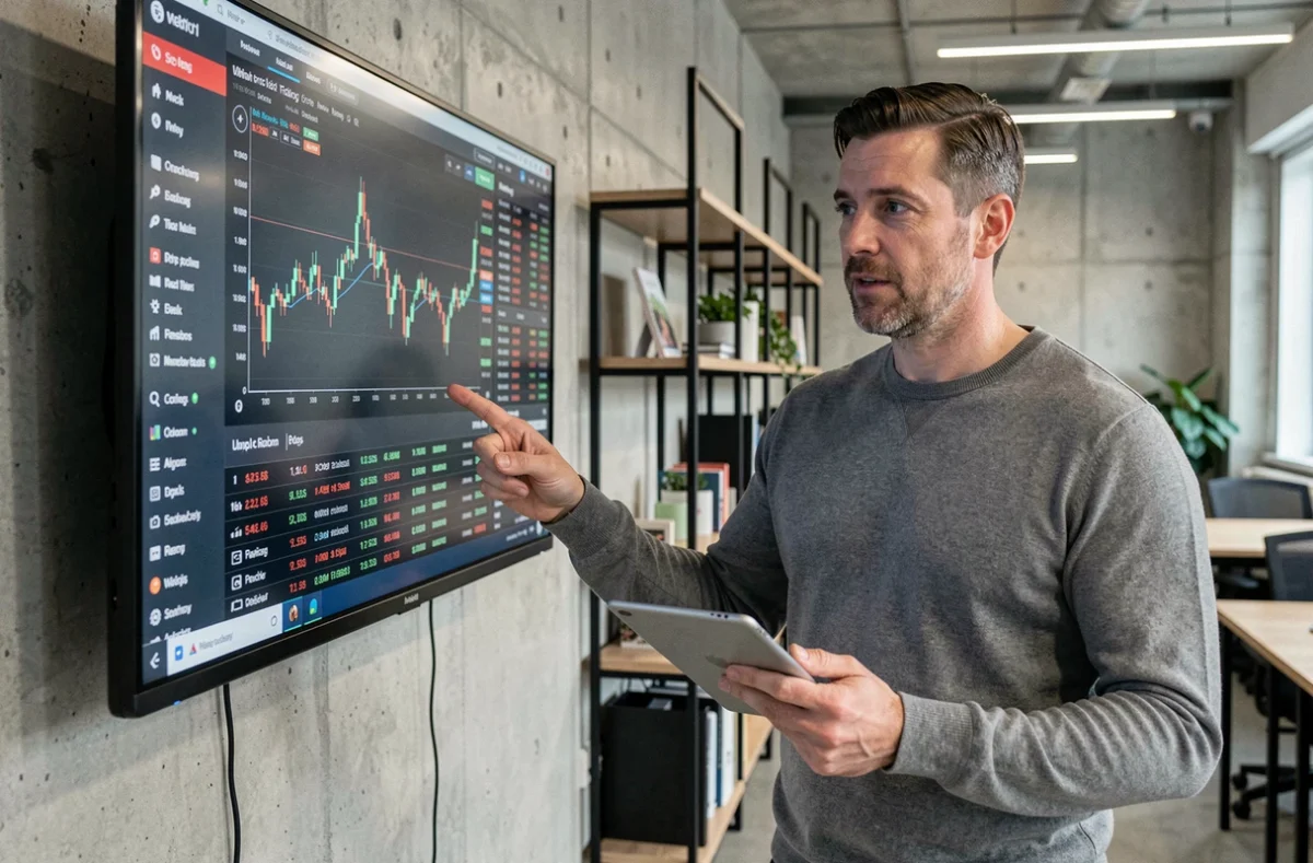 Homme expliquant les tendances boursières d'Europlasma sur un écran de trading dans un espace de coworking moderne