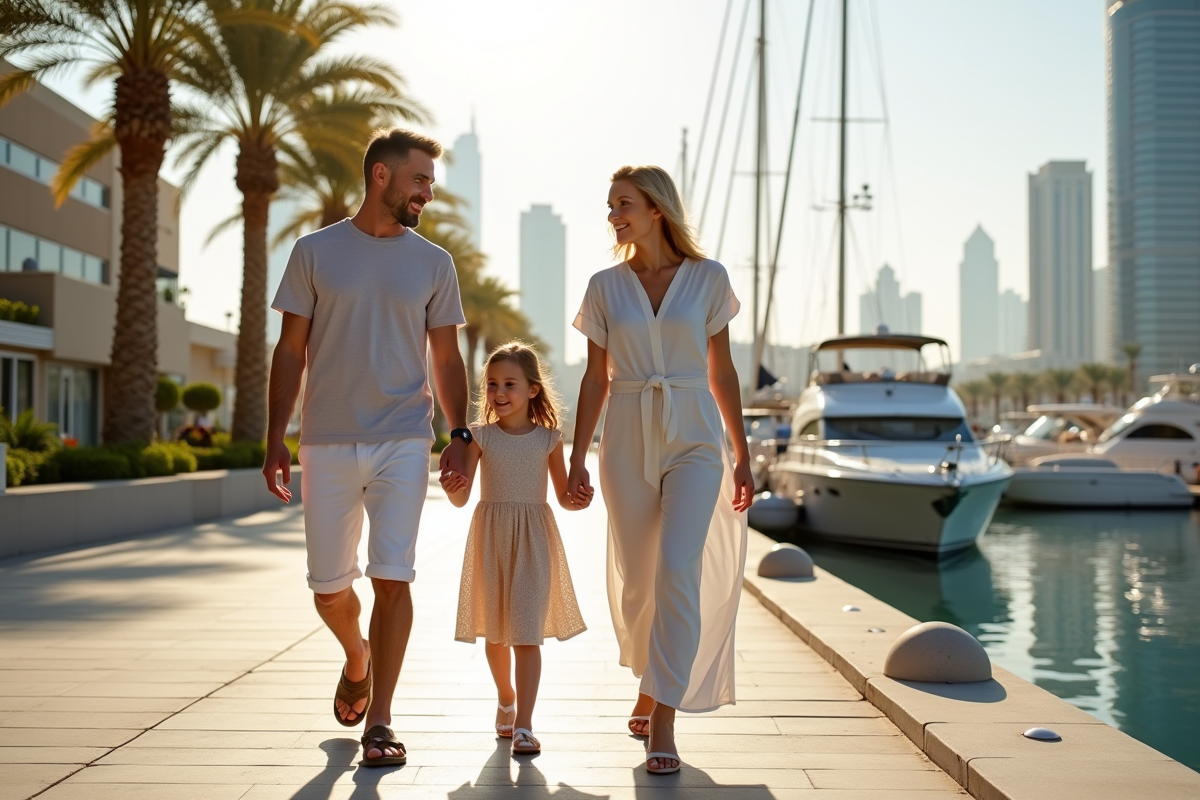 Famille de quatre se promenant sur la marina de Dubai
