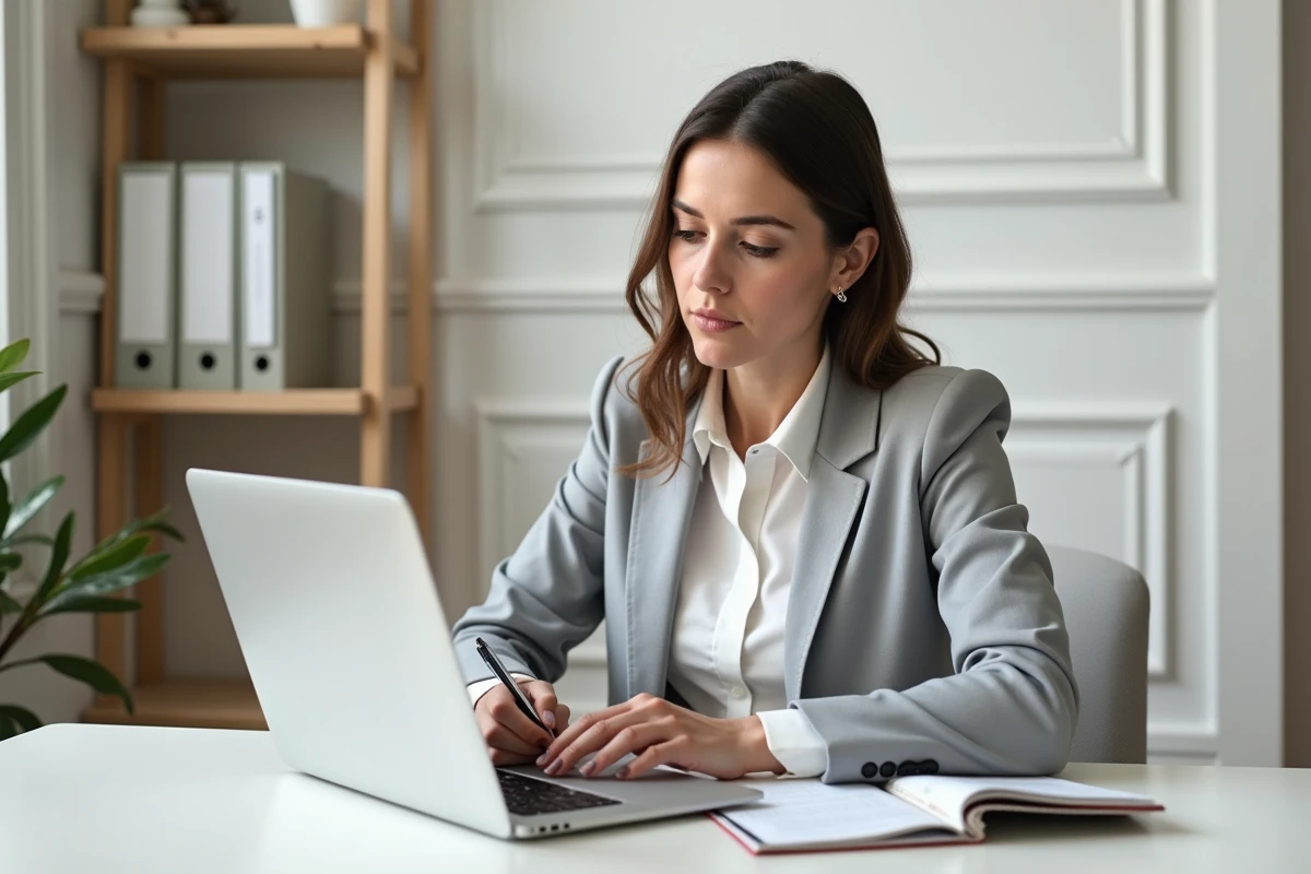 Femme d'affaires prenant des notes sur le calcul des acomptes IS depuis son bureau à domicile