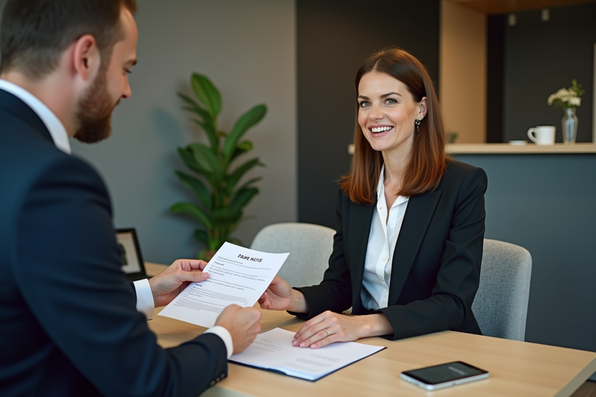 Femme d'affaires tendant un avis d'impots français au conseiller