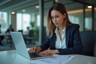 Jeune femme d'affaires concentrée devant son ordinateur