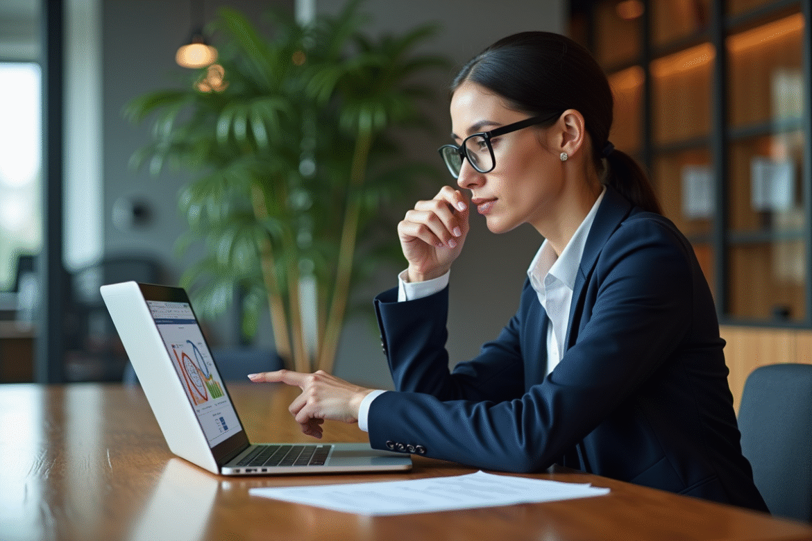 Femme d affaires en réunion avec matrice BCG sur ordinateur