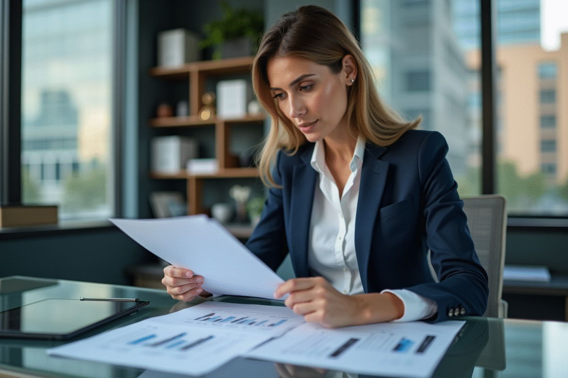 Femme d'affaires en revue de documents financiers