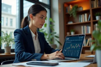 Femme analysant des ETF sur un ordinateur portable dans un bureau moderne pour choisir un investissement adapté à son profil