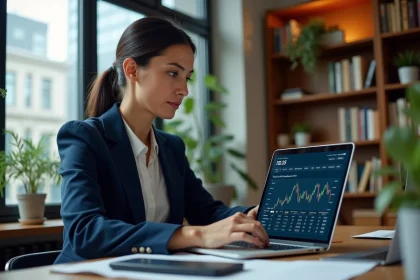 Femme analysant des ETF sur un ordinateur portable dans un bureau moderne pour choisir un investissement adapté à son profil