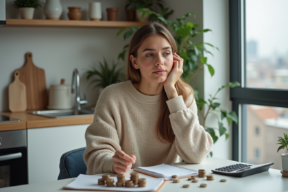 Jeune femme pensante avec pièces et calculatrice dans une cuisine lumineuse