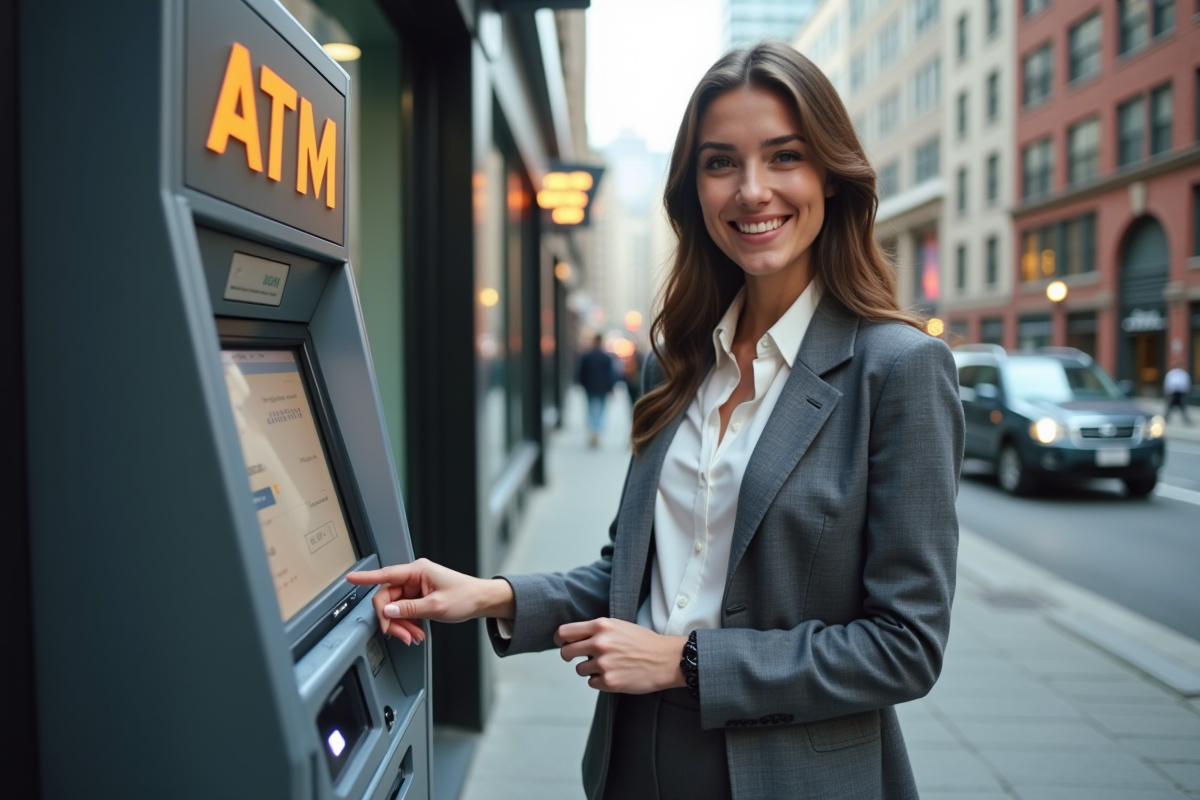 Jeune femme utilisant un distributeur automatique de Bitcoin en ville