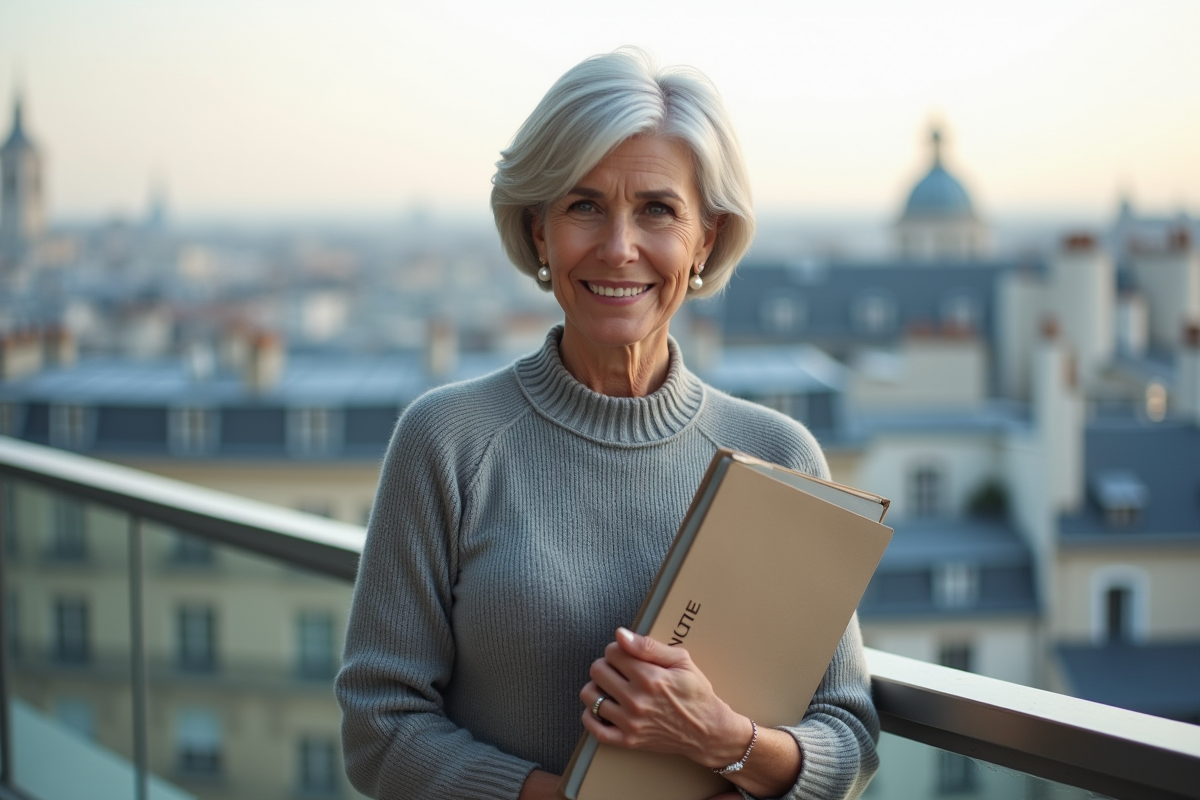 Femme française debout sur un balcon avec vue sur Paris