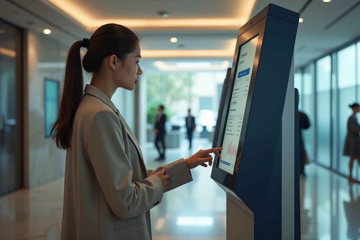 Jeune femme vérifiant son solde bancaire au guichet automatique