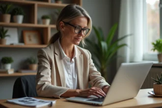 Femme d'âge moyen utilisant son ordinateur portable à domicile