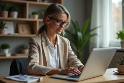 Femme d'âge moyen utilisant son ordinateur portable à domicile