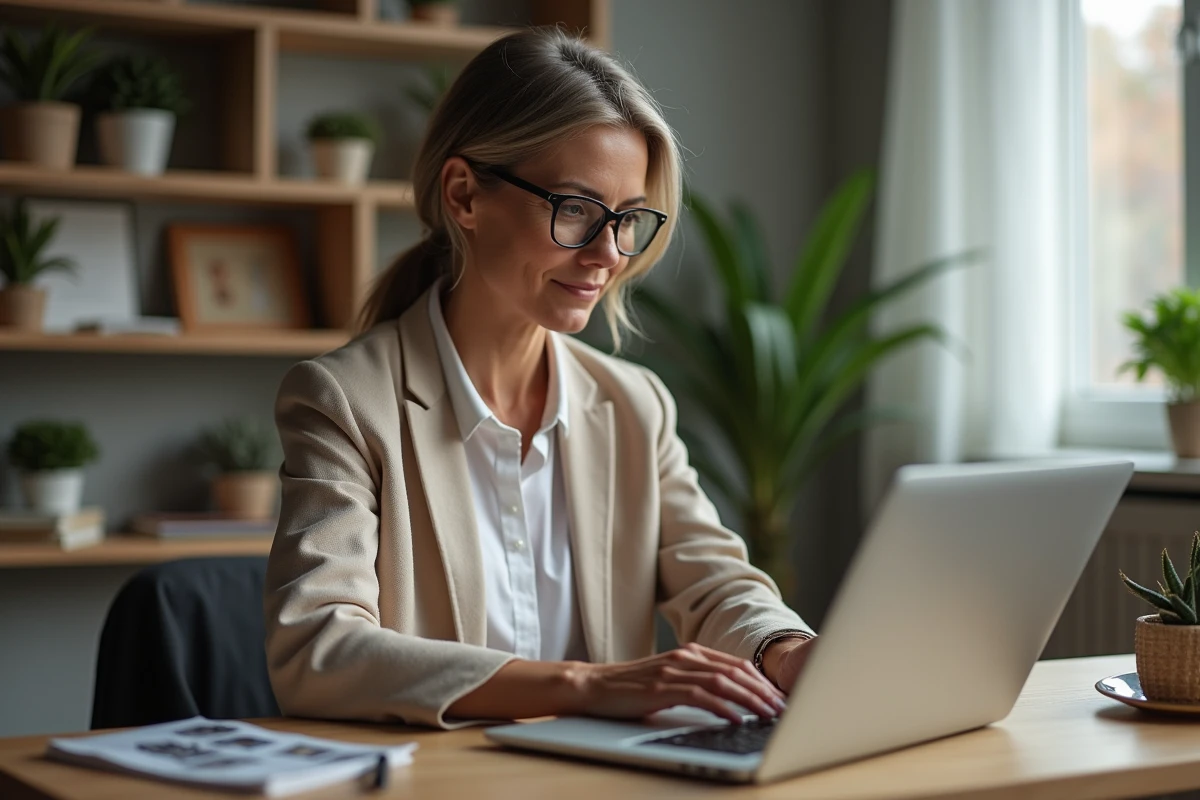 Femme d'âge moyen utilisant son ordinateur portable à domicile