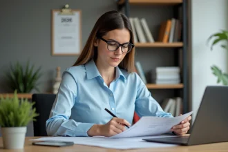Femme concentrée en bureau pour article comptabilite