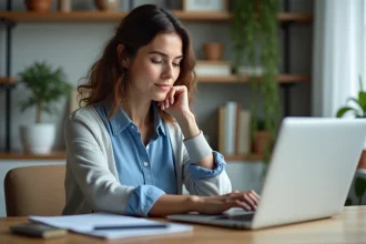 Femme concentrée travaillant sur son ordinateur à domicile