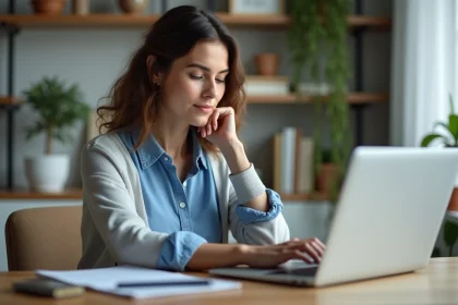 Femme concentrée travaillant sur son ordinateur à domicile