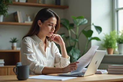 Femme concentrée vérifiant un document bancaire sur son ordinateur