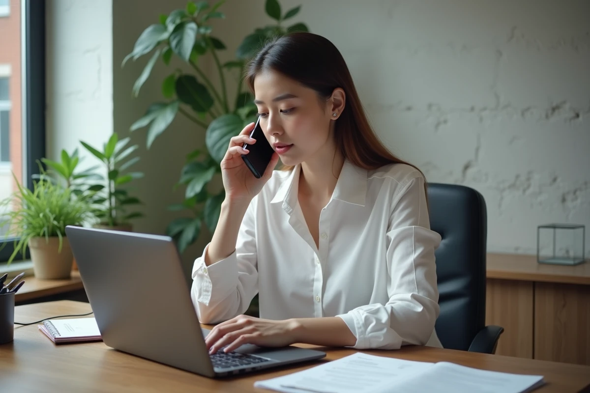 Femme en bureau moderne parlant au téléphone