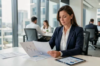 Femme cadre analysant des documents de placement en SCPI via son assurance vie dans un bureau moderne