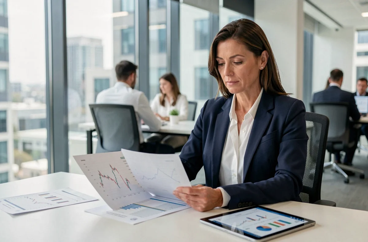 Femme cadre analysant des documents de placement en SCPI via son assurance vie dans un bureau moderne