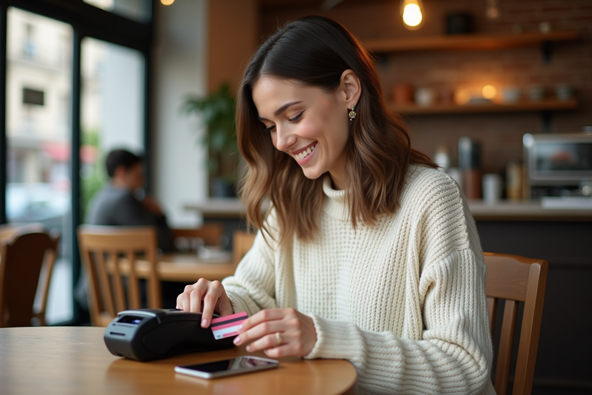 Femme souriante utilisant une carte dans un café cosy