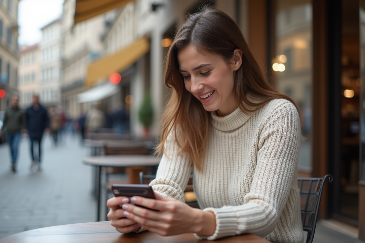 Jeune femme au café vérifie son compte en ligne avec sa carte bancaire