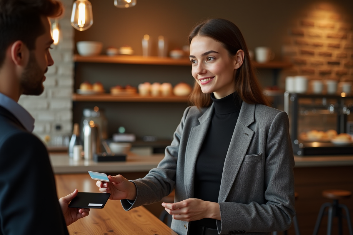 Femme dans un café remet une carte de paiement au barista