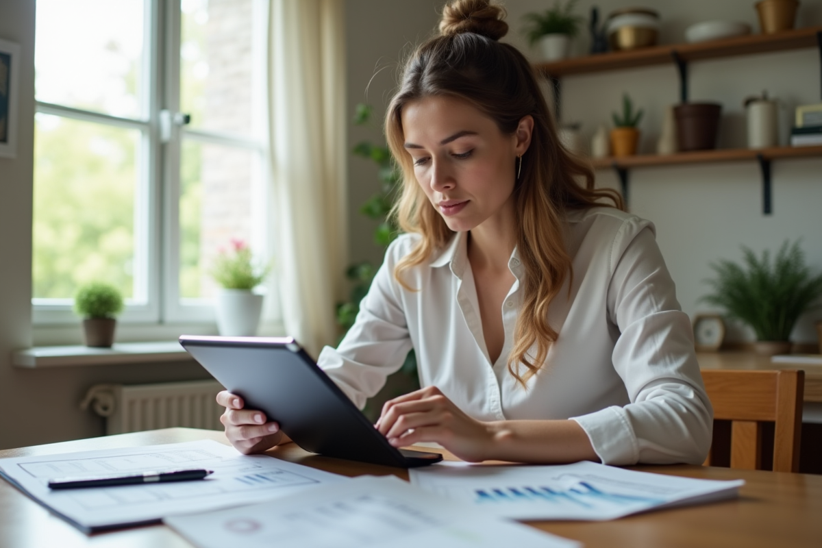 Femme calculant des chiffres sur une tablette à la maison