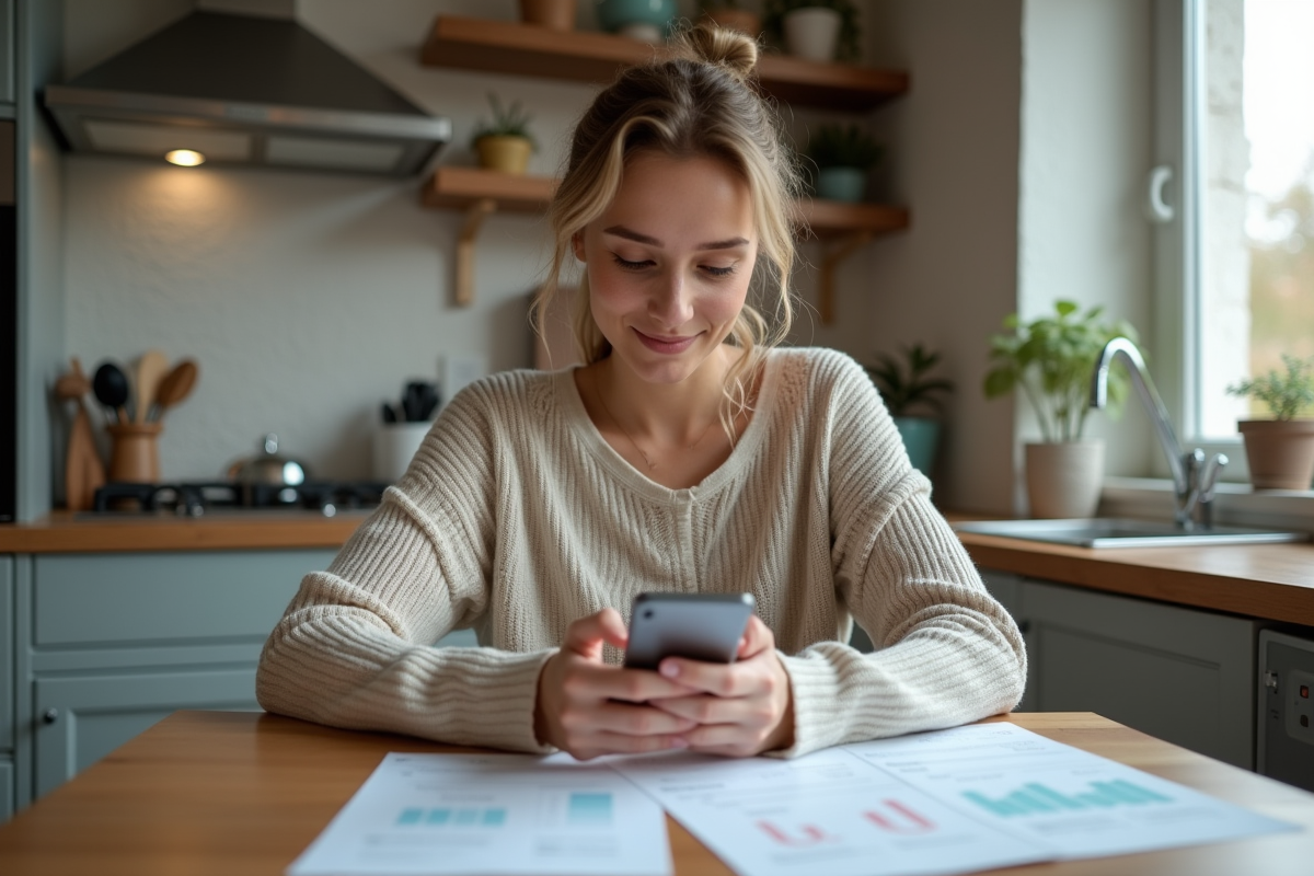 Femme décontractée vérifie ses finances sur son smartphone