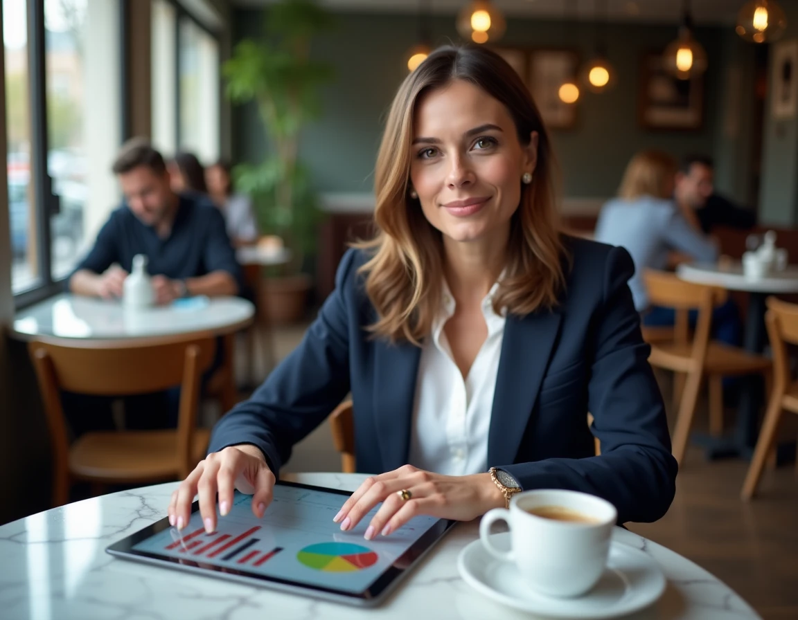 Une femme consulte les options de fonds d'épargne salariale sur une tablette dans un café parisien