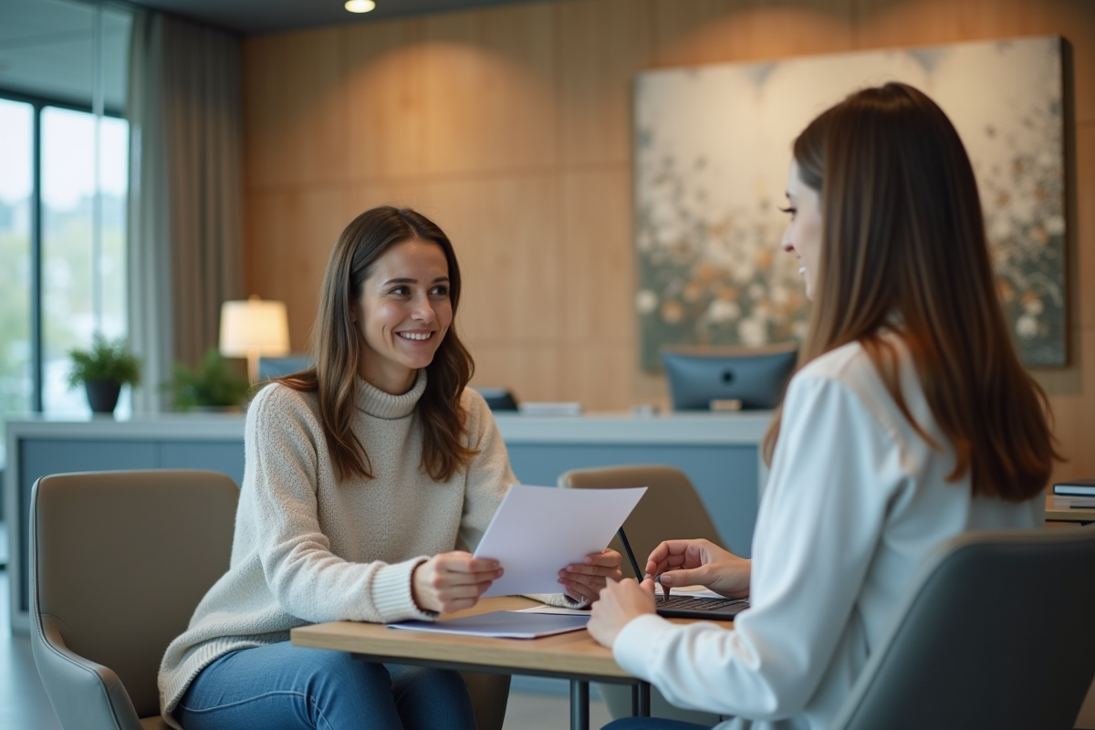 Femme souriante discute avec un conseiller financier dans une banque