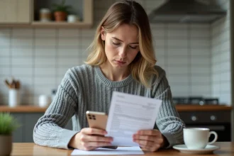 Femme consultant sa facture Free Mobile sur smartphone à la maison