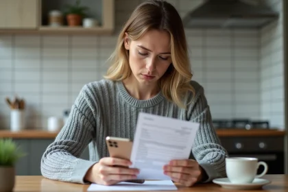 Femme consultant sa facture Free Mobile sur smartphone à la maison