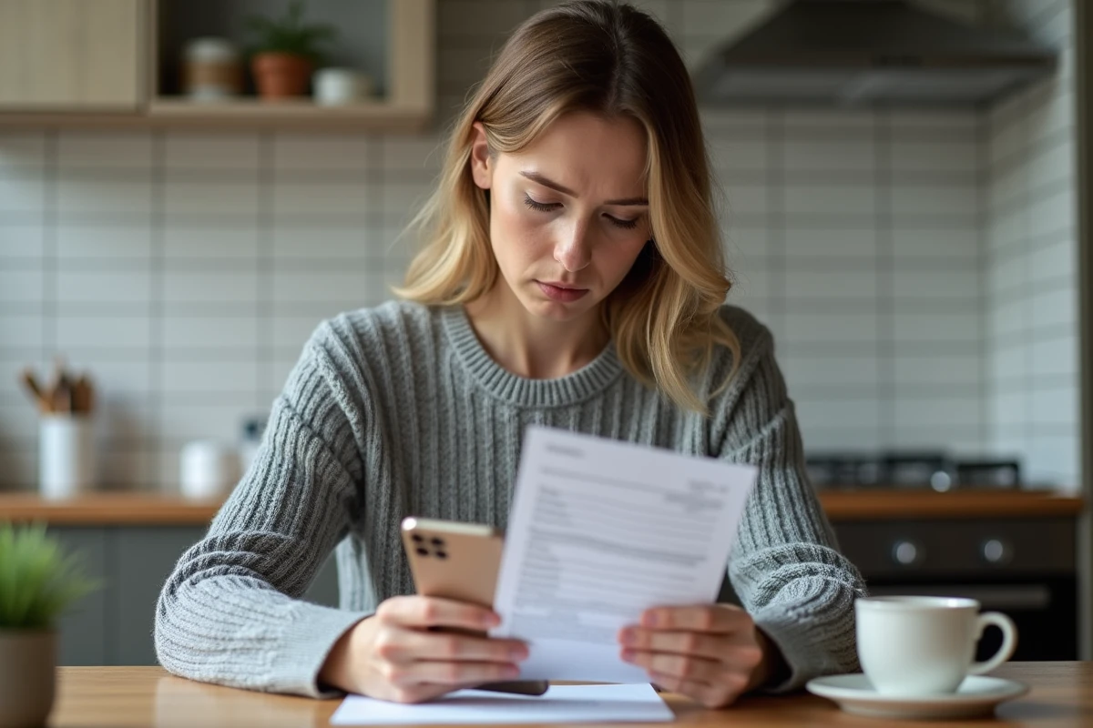 Femme consultant sa facture Free Mobile sur smartphone à la maison
