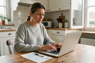 Femme utilisant un ordinateur portable pour contacter Cetelem par mail afin de contester un prélèvement bancaire
